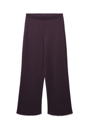Pantaloni larghi viola scuro con cintura elastica, tessuto liscio e senza tasche visibili o decorazioni.