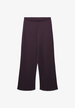 Dunkelviolette weit geschnittene Hosen mit einem elastischen Taillenbund, glattem Stoff und ohne sichtbare Taschen oder Verzierungen.