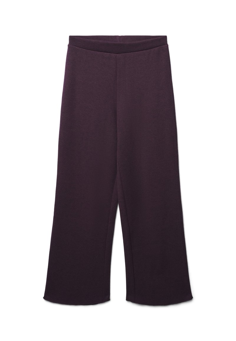Pantaloni larghi viola scuro con cintura elastica, tessuto liscio e senza tasche visibili o decorazioni.