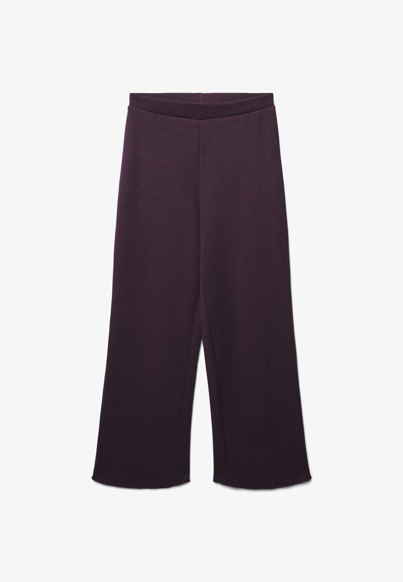 Pantaloni larghi viola scuro con cintura elastica, tessuto liscio e senza tasche visibili o decorazioni.