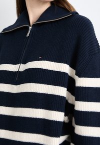 Gros plan d'une personne portant un pull en maille rayé bleu marine et blanc avec un col à fermeture éclair argentée et un petit logo rouge, blanc et bleu.