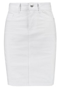 Witte denim rok met een fitted ontwerp, knie-lange snit, sluiting met knopen aan de voorkant en vijf zakken. Glad oppervlak met minimale stikdetails.