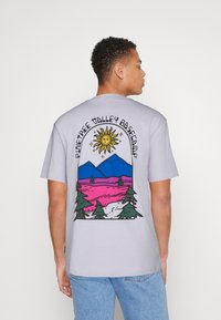Tricou gri deschis cu un grafic vibrant al unui soare, munți, peisaj roz și pini pe spate. Mâneci scurte și croială relaxată.