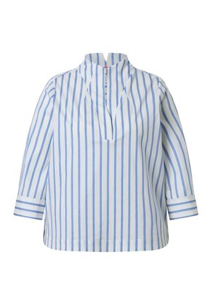 White blouse with vertical blue stripes, long sleeves, a high collar, and a V-shaped front slit.