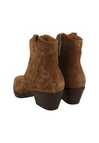 Botines de ante marrón con un tacón ligeramente cónico, que presentan bordados florales y una cremallera lateral para facilitar su uso.
