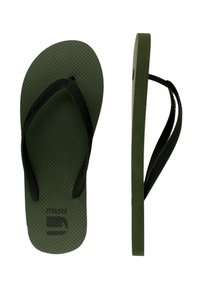 Green rubber flip-flops with textured footbed, black straps, and logo detail. The design is flat and contoured for foot comfort.