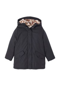 Schwarzer Kapuzenmantel mit Knopfleiste, großen Taschen und weicher, braun-creamfarbener Tierdruck-Innenausstattung. Wasserdichtes Material, lässige Passform.