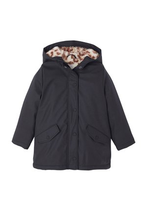 Schwarzer Kapuzenmantel mit Knopfleiste, großen Taschen und weicher, braun-creamfarbener Tierdruck-Innenausstattung. Wasserdichtes Material, lässige Passform.