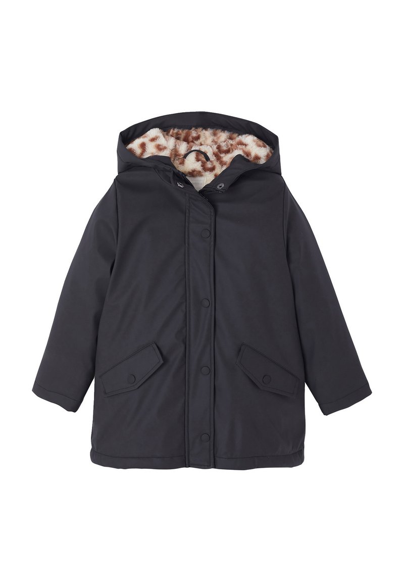 Schwarzer Kapuzenmantel mit Knopfleiste, großen Taschen und weicher, braun-creamfarbener Tierdruck-Innenausstattung. Wasserdichtes Material, lässige Passform.