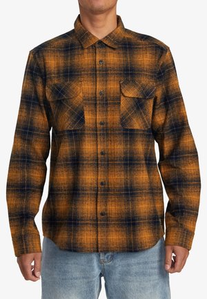 Flannel shirt with orange and blue plaid pattern, long sleeves, button-down collar, two chest pockets, and textured fabric.