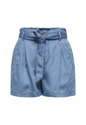 Denim shorts in light blue with a high waist, pleated front, and a fabric tie belt. Features side pockets and a smooth texture.