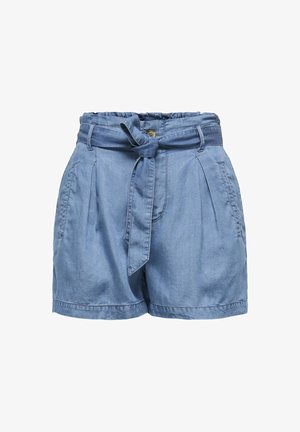 Denimshorts i lyseblå med høj talje, plisseret front og et bindebælte i stof. Har sidelommer og en glat tekstur.