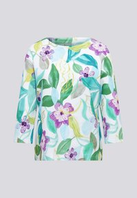 Floral print top featuring 3/4 sleeves, round neckline, and a soft fabric with green, blue, purple, and yellow botanical patterns.