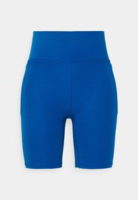 Niebieskie sportowe spodenki z wysokim pasem. Wykonane z gładkiej, elastycznej tkaniny, o dopasowanym kroju, bez widocznych wzorów.