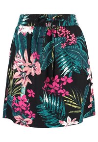 Jupe à imprimé floral en tissu noir avec des fleurs rose vif et turquoise, des motifs de feuilles, une ceinture élastique et un cordon de serrage.