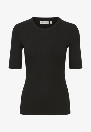 Schwarzes Ripp-T-Shirt mit Rundhalsausschnitt und kurzen Ärmeln. Der Stoff hat eine strukturierte Optik und sorgt für eine taillierte Silhouette.