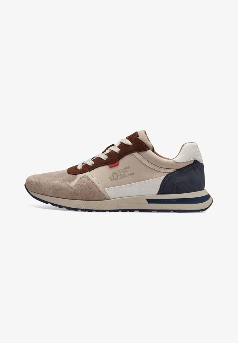 Sneakers featuring a beige and brown upper, made of suede and leather. White and navy accents, lace-up design, and textured sole.