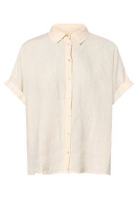 Camicia button-up a maniche corte color crema con colletto classico e risvolti, presentata piatta su uno sfondo bianco.