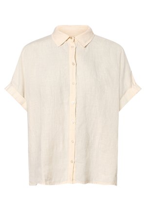 Chemise à manches courtes, crème, à boutons, avec un col classique et des poignets retroussés, présentée à plat sur un fond blanc.