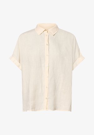 Short-sleeve cream button-up shirt with a classic collar and rolled cuffs, displayed flat on a white background.