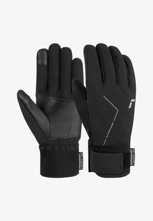 Zwarte waterdichte handschoenen met een getextureerde lederen palm en vingertoppen, een elastische polsband en reflecterende accenten.