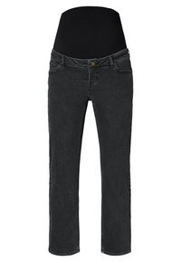 Sorte graviditetsjeans med elastisk talje og fem lomme-design, vist mod en hvid baggrund.