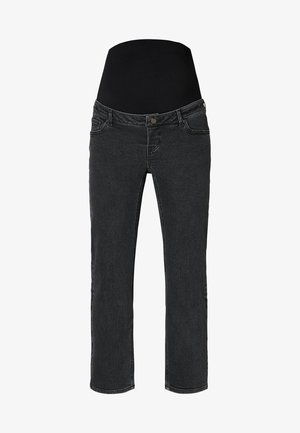 Zwarte zwangerschapjeans met elastische tailleband en vijf-pocketontwerp, getoond tegen een witte achtergrond.