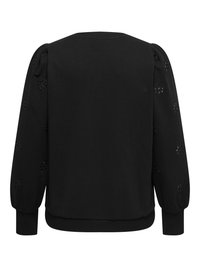 Melns džemperis ar uzpampušām piedurknēm, ribām aprocēs un ziedu izšuvuma detaļām uz piedurknēm, ar vienkāršu aizmuguri un apaļu apkakli.