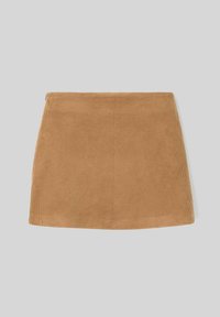Mini-jupe en corduroy beige avec une texture lisse et des lignes épurées. Dotée d'une taille simple sans fermetures ni poches visibles.