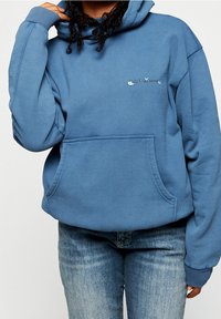 Blue hoodie with a spacious kangaroo pocket, ribbed cuffs, and logo detailing. Made from soft fabric, featuring a relaxed fit and adjustable hood.