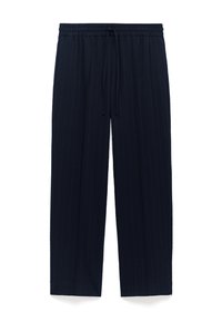 Marineblau gestreifte Hose mit elastischem Bund und Kordelzug, gerade Beine und strukturierte Stoff.