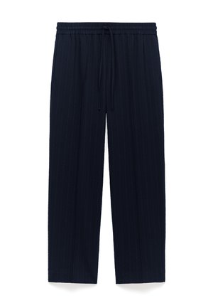 Pantalons bleu marine à rayures avec taille élastique et cordon de serrage, jambe droite et tissu texturé.