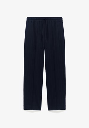 Marineblauwe broek met krijtstrepen, elastische tailleband en trekkoord, rechte pijpen en textuurstof.