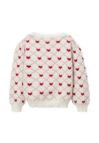 Pull en tricot blanc avec un motif en losanges, agrémenté de petits cœurs rouges. Manches ballon et ourlet côtelé complètent le design.