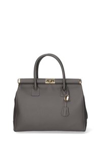Sac à main en cuir gris avec double poignée, détails de serrure et de fermoir dorés, et petit cadenas attaché à une bandoulière.