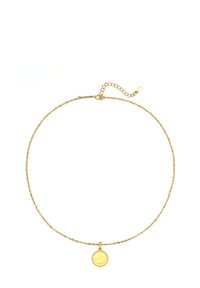 Collana in oro con catena torcigliata e pendente rotondo. Il pendente presenta una superficie liscia e lucidata con un bordo testurizzato. Chiusura regolabile.