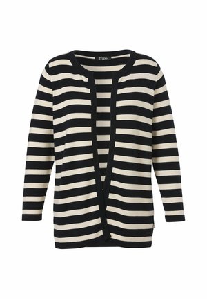 Schwarz-weiß horizontal gestreifter Cardigan mit offenem Vorderteil, langen Ärmeln und rundem Ausschnitt.