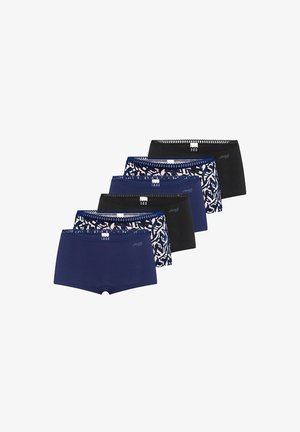 Sechserpack Shorts in verschiedenen Farben: tiefes Marineblau, Schwarz und mit Muster. Weiches Material mit Spitze am Saum und elastischem Bündchen.