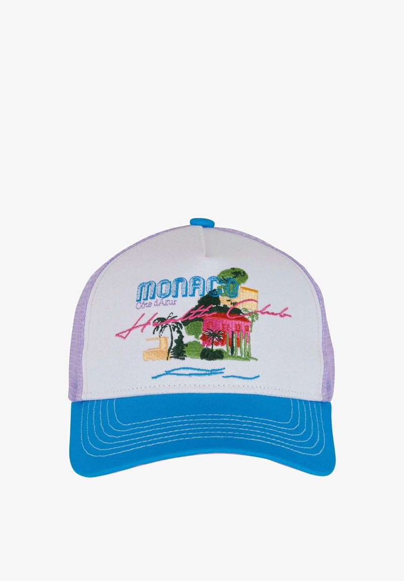 Balts cepure ar zilu vizieri un lilac sieta malām. Priekšpusē ir daudzkrāsainas izšuvumi ar piekrastes ainu un vārds "MONACO".