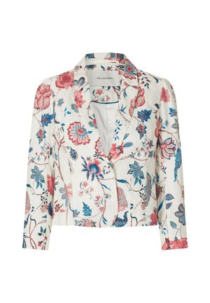 Hvid croppet blazer med lange ærmer, der har røde, pink og blå blomsterprint og en reverskrave.