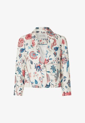 Weißer, kurz geschnittener Blazer mit langen Ärmeln, verziert mit roten, pinken und blauen Blumenmustern und einem Reverskragen.