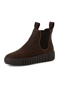 Botas Chelsea de ante marrón con paneles de elastano, costuras de contraste y una suela gruesa acanalada para mayor altura y tracción.