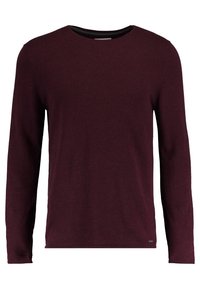 Bordeaux Langarmshirt mit Rundhalsausschnitt aus weicher Baumwolle mit glatter Textur. Verfügt über einen geraden Schnitt und minimale Markenkennzeichnung am Saum.
