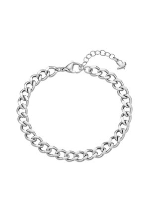 Pulsera de cadena de plata con eslabones ovalados entrelazados y cierre de langosta, con un extensor ajustable con un pequeño charm en forma de flecha.