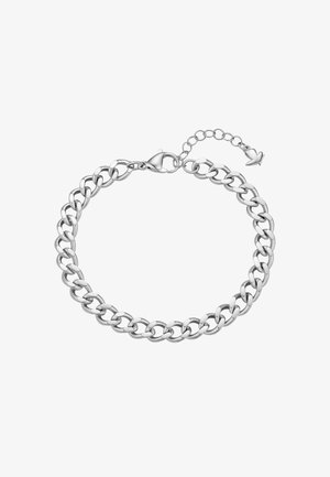 Silbernes Kettenarmband mit ineinander greifenden ovalen Gliedern und einem Karabinerverschluss, mit einem verstellbaren Verlängerungskettchen und kleinem Pfeilanhänger.