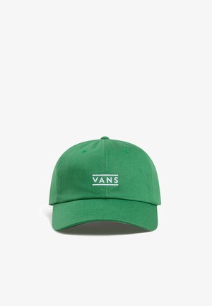 Grüne Baumwoll-Baseballmütze mit gebogenem Schirm und weißem gesticktem "VANS"-Logo auf der Vorderseite. Mit Belüftungsöffnungen.