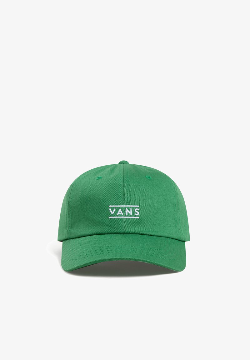 Gorra de béisbol verde de algodón con visera curvada y logotipo "VANS" bordado en blanco en la parte frontal. Presenta ojales de ventilación.