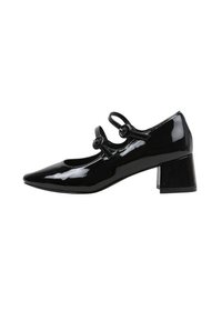 Chaussure Mary Jane en cuir verni noir avec deux sangles à boucle et un petit talon carré, présentée en profil latéral sur fond blanc.