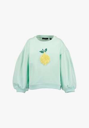 Miętowa bluza z bufkami, z haftowanym teksturowanym żółtym ananasem z zielonymi liśćmi i cekinami z przodu.