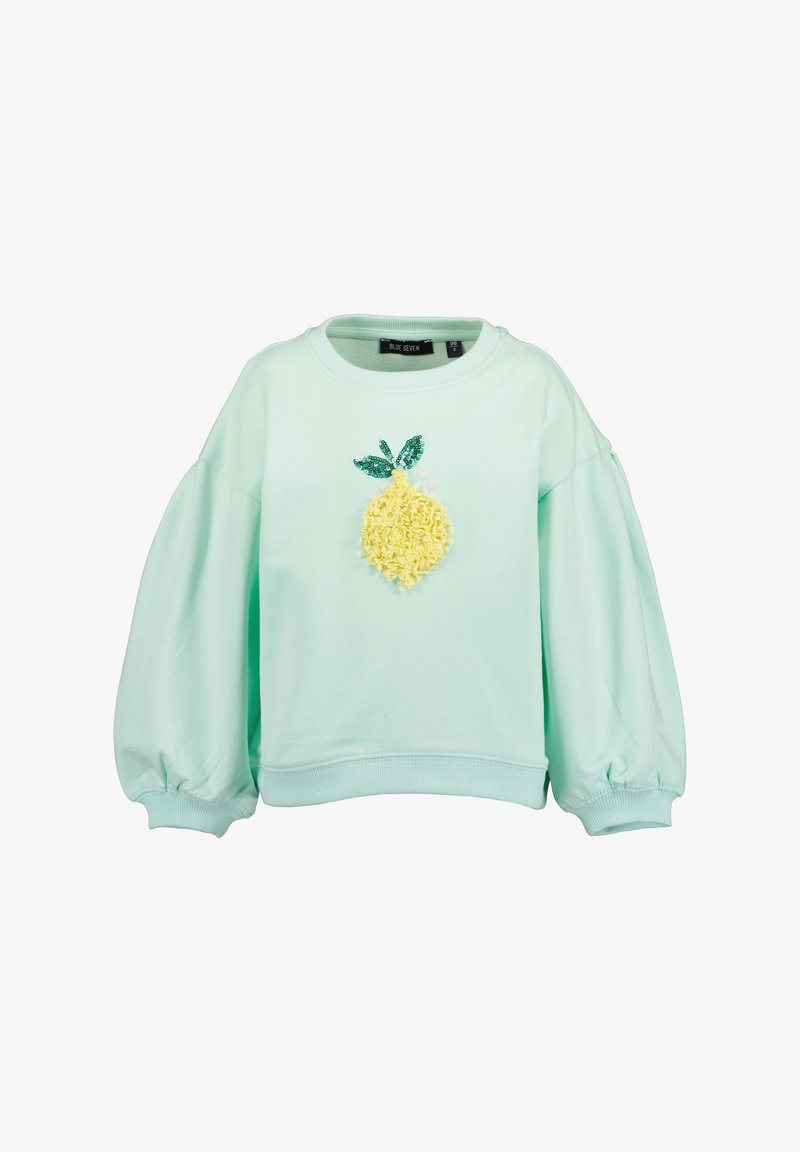 Mintgrøn sweatshirt med pufærmer, prydet med en tekstureret gul ananasbroderi med grønne blade og paljetter på forsiden.